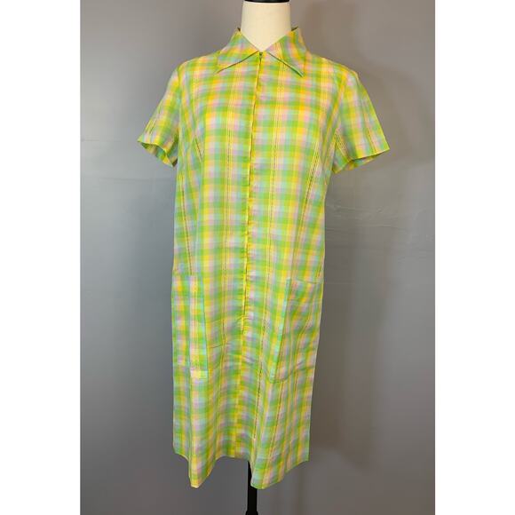 Vintage 1960s Neon Pastel Plaid Shirt Dress House Dress Dagger Collar Zip Front - Picture 5 of 9